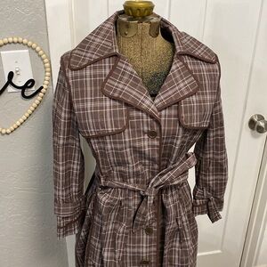 BCBG MAX AZRIA AUDREY PLAID TRENCH BROWN BLUE COAT SMALL